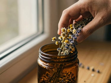 Hands measuring loose dried chamomile and lavender into an amber jar, warm natural light.