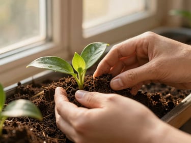 Close-up macro shot of hands gently testing rich dark potting soil around a vibrant green plant, warm golden hour window light, shallow depth of field