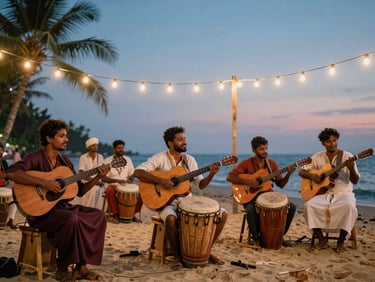 Medium action shot of local Goan musicians performing with acoustic guitars and percussion on a sandy beach under warm glowing string lights, twilight sky, joyful atmosphere, 35mm film style.