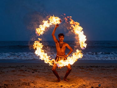 Candid shot of a charismatic fire dancer performing on a Goan beach at dusk, warm golden embers swirling against a deep ocean-blue background, high-contrast action photography.
