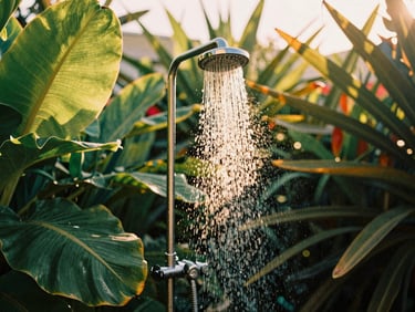 Candid shot of an outdoor shower surrounded by lush tropical plants, golden-hour sunlight, rich saturated tones, 35mm film aesthetic.