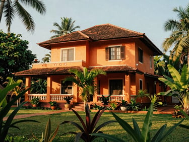 Candid wide shot of a colorful Portuguese-style Goan villa exterior, vibrant ochre walls, lush green tropical gardens, warm afternoon sunlight, rich saturated tones, editorial travel photography.