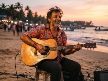 A close-up of a charismatic local Goan musician playing an acoustic guitar on a beach at sunset, warm golden hour light, 35mm film style.