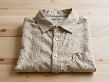 A neatly folded linen shirt in a soft sand color, on a light wooden surface, soft diffused daylight, warm earth tones.
