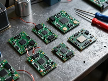 Top-down schematic-style layout of microcontrollers, copper wires, and soldering irons on a dark gray steel workbench, sharp focus, technical lighting