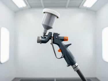 Interior view of a professional, dust-free automotive paint booth, bright white walls, precise spray gun in action, industrial charcoal and orange accents, sharp focus, 35mm lens.