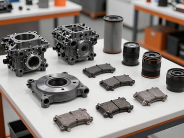 Neatly arranged new car parts on a clean workbench, engine components, filters, and brake pads, bright workshop lighting, industrial charcoal and orange accents, sharp focus, 35mm lens.