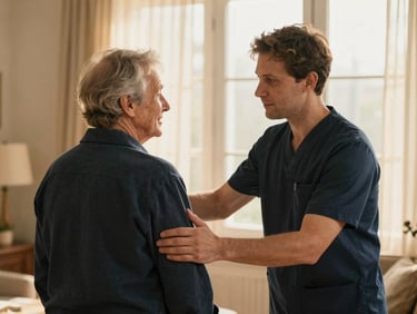 Caregiver gently guiding an older adult through a familiar home environment, warm, calm lighting, focus on support and comfort.
