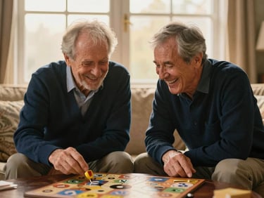 Caregiver and older man sharing a laugh over a board game in a cozy living room, warm window light, focus on shared joy, golden-hour window light, rich deep navy and soft gold tones, shallow depth of field, 35mm.