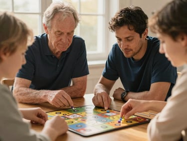 Caregiver and older adult engaged in a board game, soft natural light, focus on shared activity and connection.