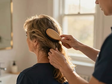 Caregiver gently assisting an older woman with hair brushing in a warm, sunlit bathroom, focus on hands and soft interaction, golden-hour window light, rich deep navy and soft gold tones, shallow depth of field, 35mm.