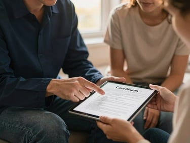 Caregiver and family member reviewing a personalized care plan document on a tablet, hands pointing to details, warm home setting, soft window light, rich deep navy and soft gold tones, shallow depth of field, 35mm.