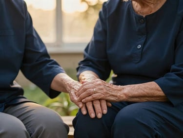 Caregiver gently holding the hand of an older woman with dementia, sitting in a peaceful garden, soft natural light, focus on compassionate connection, golden-hour window light, rich deep navy and soft gold tones, shallow depth of field, 35mm.
