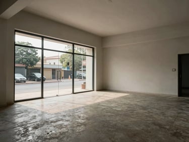 Wide-angle interior of a vacant retail shop unit on MG Road Vijayawada, clean concrete floor, large glass shopfront letting in natural daylight, neutral walls, no people