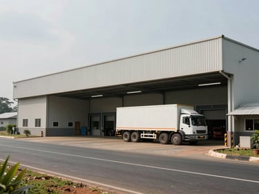 Wide warehouse building exterior in Gannavaram with large forecourt, truck parked at loading dock, overcast daylight, street-level framing showing building scale and access road