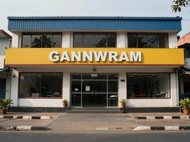 Street-level view of a commercial building facade in Gannavaram near the airport road, overcast light, signage-ready frontage, paved entry, no people