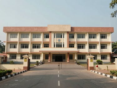 Street-view of a large institutional building in Gannavaram earmarked for educational use, three-storey structure with wide frontage, open compound gate, flat diffused daylight