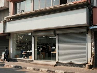 Street-level view of a retail shop unit on MG Road, Vijayawada, wide glass-front facade with roll-down shutter open, pedestrian footpath in foreground, diffused midday light