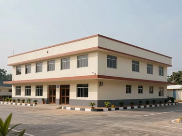 Exterior photograph of a standalone commercial building in Tadepalli suitable for hospital or clinic use, two-storey structure with wide setback, overcast daylight, clear driveway and parking forecourt