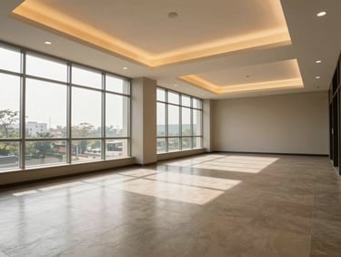 Daylit interior of a ready-to-occupy office space in Tadepalli, warm tungsten ceiling panels supplementing natural light from large side windows, clear sightlines across an empty open floor, tiled flooring showing full square footage, no occupants