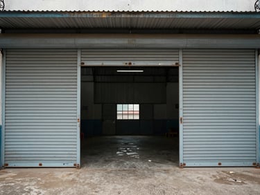Warehouse entrance with wide roller shutter open, concrete floor visible inside, Auto Nagar district, overcast daylight, no people, medium shot showing facade and forecourt