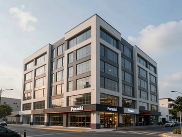 Exterior of a completed commercial investment building in Poranki, five storeys, mixed-use ground floor retail podium, upper office floors, late-morning overcast light, road frontage visible