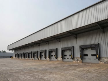 Wide-angle exterior of a large industrial warehouse in Auto Nagar, Vijayawada — corrugated metal facade, loading bay doors visible, concrete apron forecourt, flat overcast sky, no vehicles or people