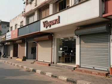 Street-level view of a commercial retail strip in Vijayawada — shuttered and open storefronts, tiled fascia, pedestrian footpath, flat overcast daylight, no people posing