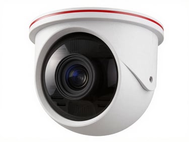 Close-up shot of a sleek, white indoor dome surveillance camera, lens prominent, on a clean background. Sharp product photography, bright clean studio lighting, white and crimson accents, high-contrast, professional security tech aesthetic, 50mm.