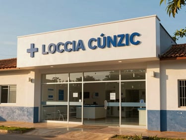 A practical shot of a local medical clinic entrance in a rural Brazilian town, clean modern sign, warm morning sunlight.
