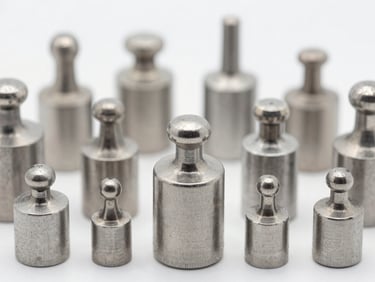 Macro shot of stainless steel calibration weights arranged in a precise clinical grid, bright neutral studio lighting, sharp technical focus