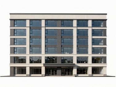 Full elevation drawing of a four-story commercial building, flat studio lighting, window grid and facade material zones annotated, straight-on framing, no staging or people