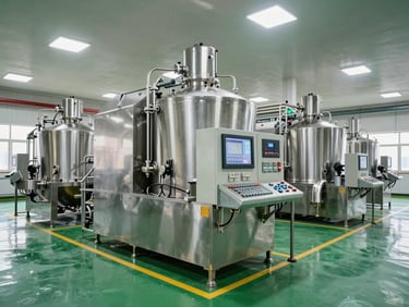 Modern soy processing facility interior, stainless steel machinery, high-tech control panels, bright industrial lighting, pristine conditions.