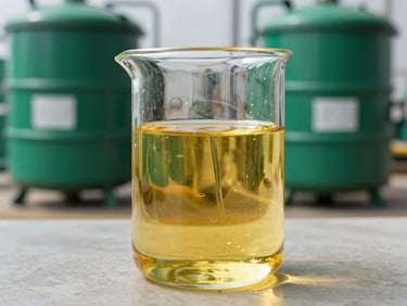 Clear glass beaker filled with pure golden crude soybean oil, light passing through, clean industrial background.