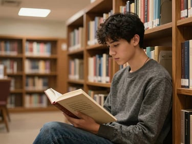 A student reading a thick academic journal in a quiet library alcove, warm wooden bookshelves filled with books in the background, soft overhead lighting.