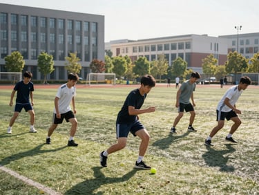 An outdoor sports field on the campus during bright daylight, students in athletic wear training with discipline, modern campus buildings visible in the distance.