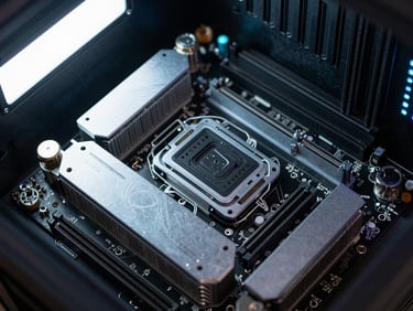 Close-up overhead shot of a gaming server motherboard with heat sinks and RAM sticks under cold fluorescent data-center lighting, cyan status LED visible in the corner, no text