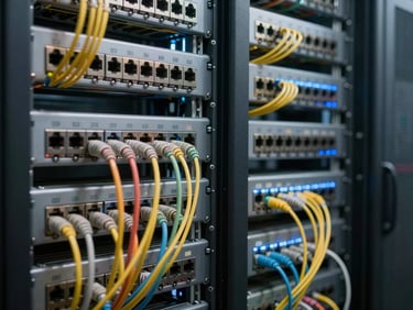 Wide shot of fiber optic patch panels inside a data center, dense rows of colored cables plugged into ports under cool LED lighting, shallow depth of field, no text