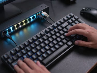 Overhead close-up of a mechanical keyboard and a network switch with blinking port LEDs on a dark desk surface, ethernet cables plugged in, cool LED ambient lighting from above, hands partially visible reaching toward the keyboard, technical workspace environment