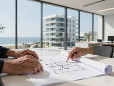 architectural photography, hands reviewing a clean technical blueprint on a white stone table, modern architectural office, natural light, 35mm