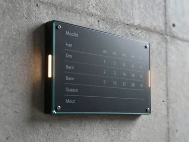 Tactile wall-mounted scheduler with custom glass and side-mount LEDs, mounted on a raw concrete wall.