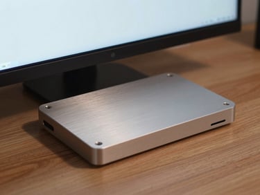 Close-up of an ambient desk display milled from solid aluminum, resting on an oak desk, soft glow from the screen.