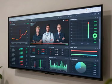 Interactive wall-mounted studio dashboard showing real-time team metrics on a high-fidelity matte glass surface.