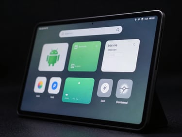 Close-up of a matte glass screen displaying a custom Android interface with minimalist widgets, low-key dramatic studio lighting, dark background, sharp focus.