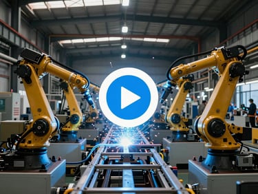 Wide environmental factory view of Zhaoqing Chaoqun workshop, modern production line with welding robots, overlay play button icon in the center, industrial lighting.