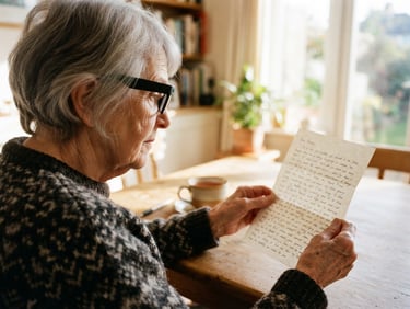 Over-the-shoulder perspective of an elderly woman wearing sleek black smart glasses while reading a handwritten letter, bright natural morning light, high contrast, warm tones, 35mm lens.