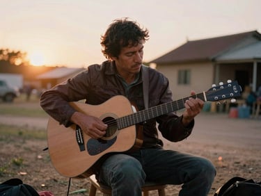 A musician playing an acoustic guitar outdoors at sunset, golden light illuminating the scene, authentic local atmosphere, 35mm film style