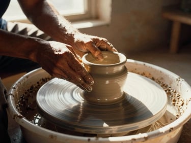Close-up of hands shaping a clay pot on a pottery wheel, warm sunlight streaming through a window, rustic workshop setting, 35mm film style