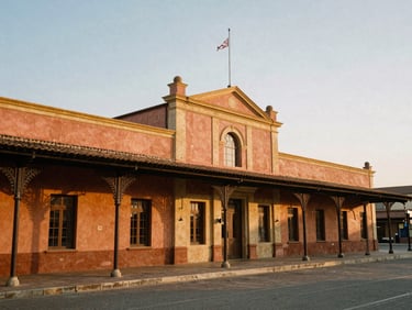 Warm editorial photography of a historic railway station building converted into a cultural center, golden hour light, terracotta walls, 35mm film style.