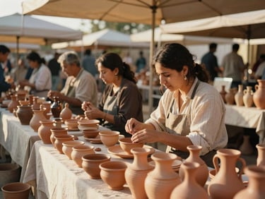Warm editorial photography of an outdoor crafts market, artisans displaying handmade terracotta pottery, golden hour, 35mm film style.